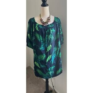 Old Navy 3/4 Sleeve Tropical Blue Green Ruffle Elastic Off Shoulder Dress Sz XL
